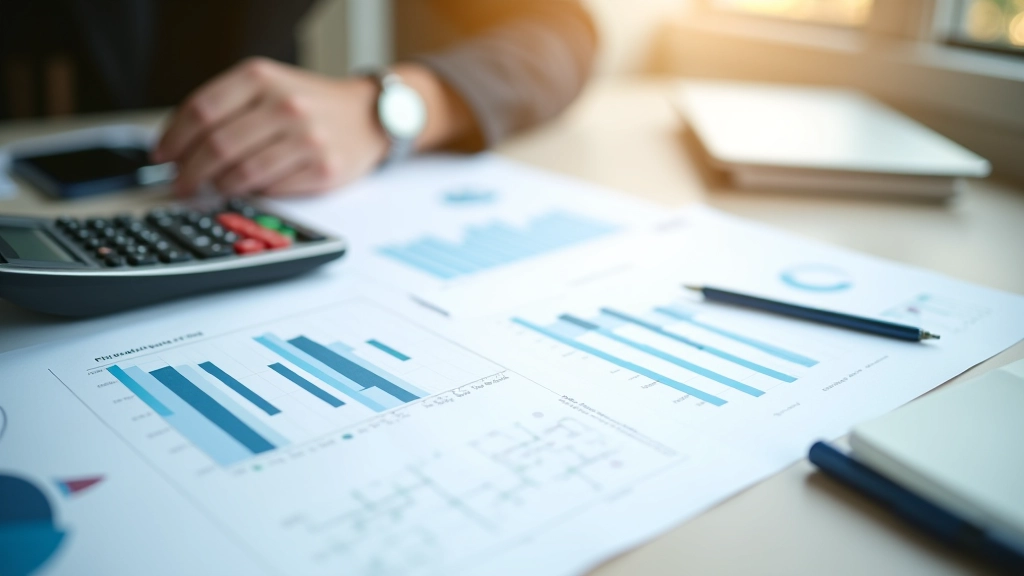 Financijski grafikon i bilješke na bijelom stolu, pera i kalkulator u pozadini, oštra fokusa