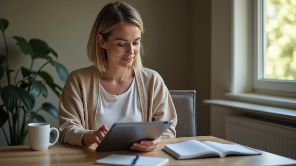 Žena čita financijske članke na tabletu, dnevna soba s bilježnicom i olovkom